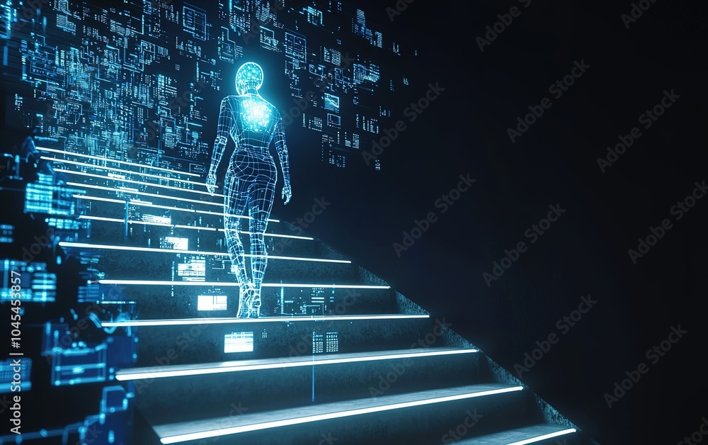 Poster a futuristic figure ascends illuminated steps in a digital landscape filled with glowing data and co
