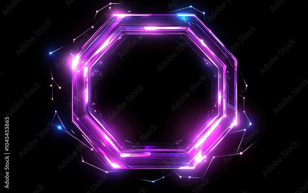 Poster a glowing octagonal frame illuminated with vibrant hues in a dark environment creating a futuristic 