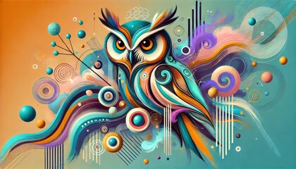 Abstract Owl with Colorful Swirls and Geometric Shapes