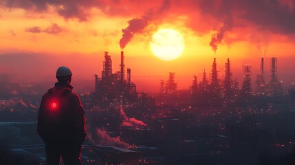 Fototapeta premium A lone figure stands silhouetted against a fiery sunset, gazing at a sprawling industrial complex spewing smoke into the atmosphere, symbolizing the environmental impact of industry.