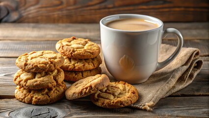 A cup of warm coffee on a wooden table with a stack of freshly baked cookies, ready for a cozy afternoon snack.