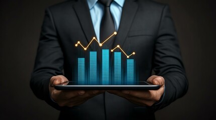 Businessman holding tablet with financial growth chart.