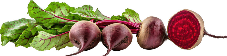 Red beets collection with leaves and a halved piece, transparent background.
