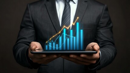Businessman holding tablet with financial growth graph