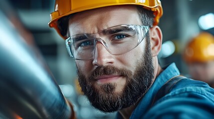 Close up view of a hydraulic tube bending machine in action with an engineer closely observing and supervising the precision manufacturing process of shaping thick metallic tubing or pipes