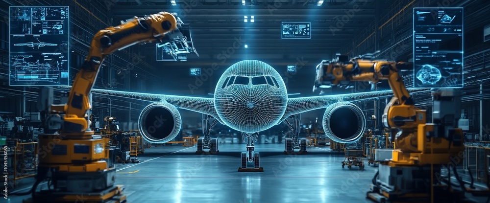 Aufkleber Industrial robots working on a wireframe model of an airplane in a factory.