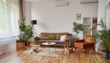 Design interior of living room with small design table and sofa. White walls, plants on the windowsill and floor. Brown wooden parquet. The dogs sleep in the room.