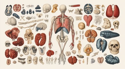 Detailed illustrations of organs, muscles, bones, and body systems (e.g., cardiovascular, nervous, skeletal)