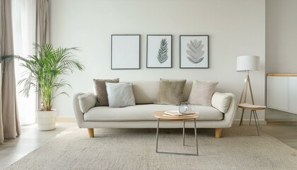 Minimalist interior design of living room with sofa and framed posters