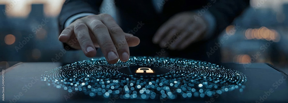 Poster The future of quantum computing is here now. Businessman touching digital international network of quantum data exchange. Connection between digital quantum and quantum.