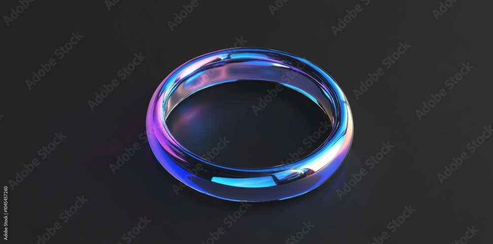 Poster Glass crystal ring with holographic effect and reflection isolated on black background. 3D render illustration.