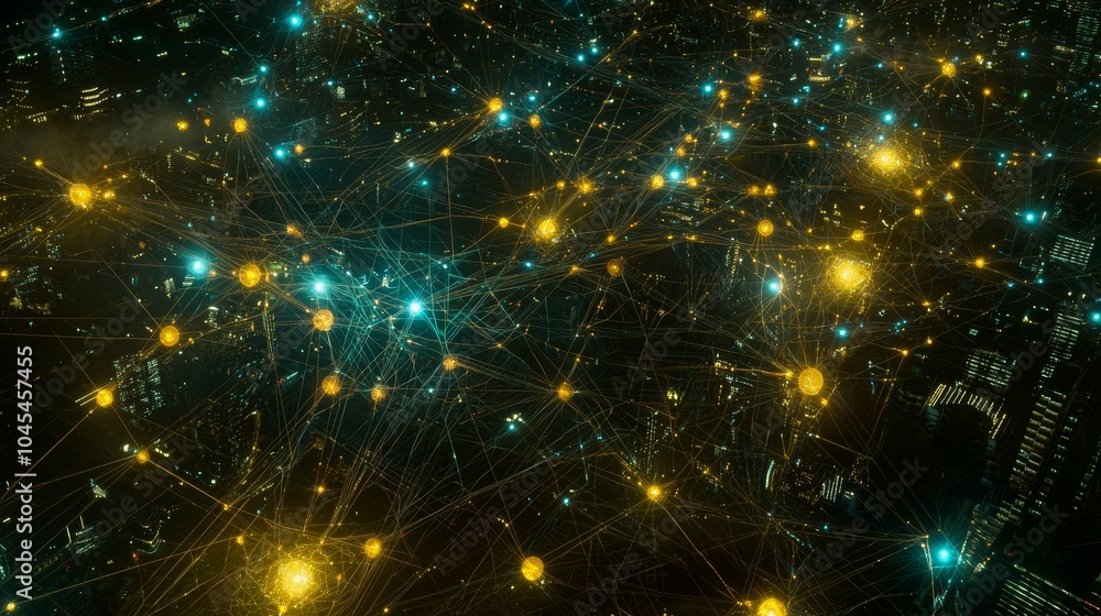 Poster Data transmission over the Internet, Digital background, and large numbers of glowing joint interconnected dots in three dimensions