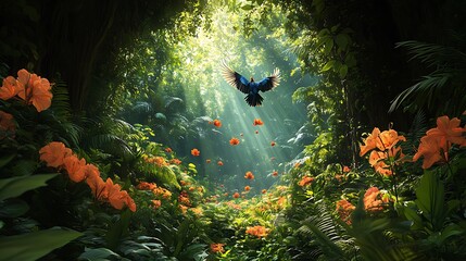 A blue bird soars through a lush, sun-drenched jungle with vibrant orange flowers and green foliage.