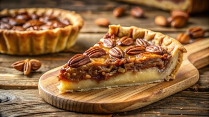 A slice of pecan pie with a flaky crust, a rich filling, and a generous scattering of pecans, resting on a wooden cutting board.