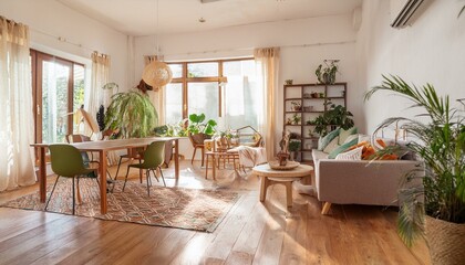 Stylish and modern open space with dining and living room with sofa and family table. Bright and sunny room with plants and brown wooden parquet.