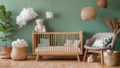 Stylish scandinavian newborn baby room with wooden cabinet, toys, children's chair, natural basket Modern interior with eucalyptus background walls, wooden parquet and cottona balls. Home decor.