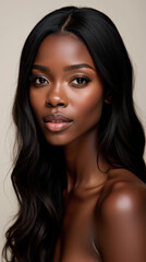 Naklejka premium Elegant Black Female Model in High-Fashion Glamour Photography – Natural Beauty with Melanin Glow on Neutral Background