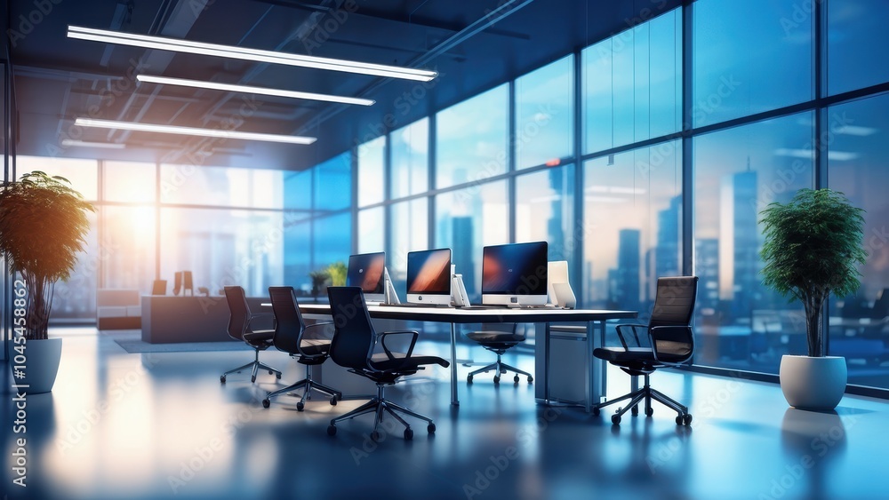 Poster modern office space featuring computers and city views, designed for productivity.