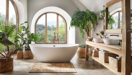 Mediterranean style bathroom with plants and natural wood