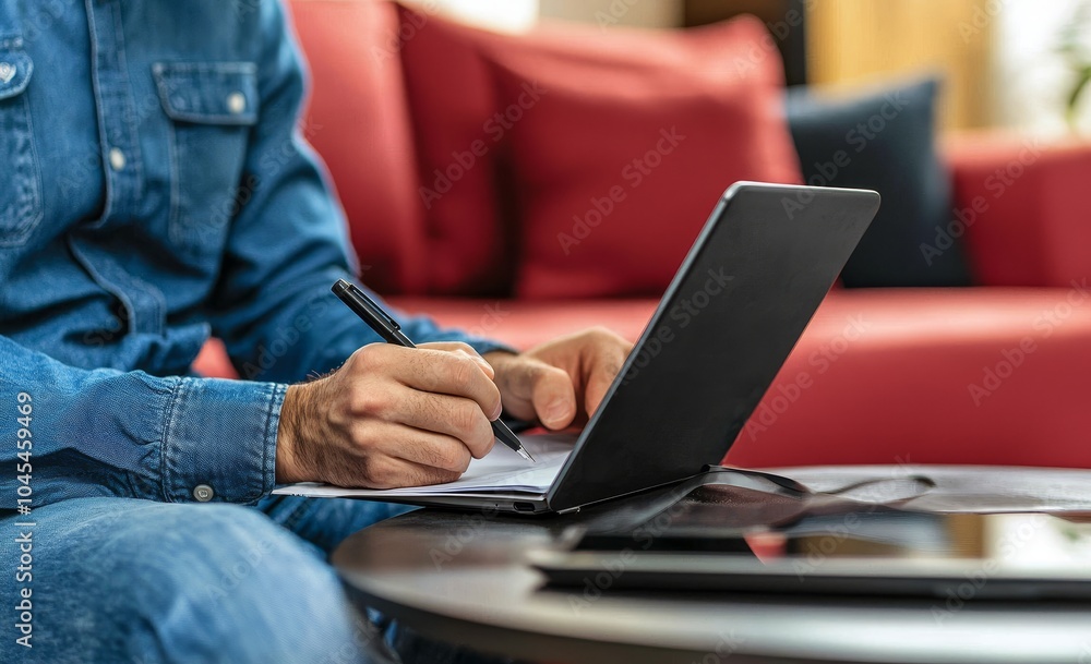 Poster planning a business, utilizing e-learning. casual businessman using laptop computer at home and writ
