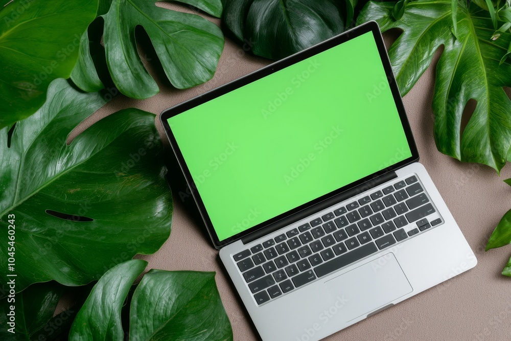 Poster the laptop is open on a table with nature in the background. the working space is outdoors with an a