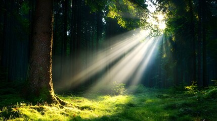 Obraz premium Soft morning light gently illuminates the forest floor with beams of sunlight streaming through the lush green foliage and creating a serene and tranquil atmosphere in the woodland scene