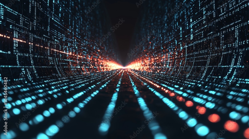 Poster a background of illuminated fiber optic connections, blue circuit boards representing digital techno