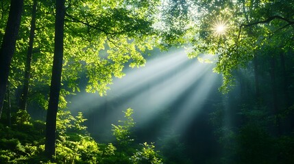 Serene forest landscape illuminated by the soft warm glow of the morning sunlight with beams of light shining through the lush foliage and casting long ethereal shadows on the ground