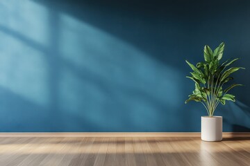 A serene room featuring a blue wall, wooden floor, and a green plant in a white pot, showcasing modern interior design aesthetics.