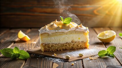 A warm slice of lemon cake with fluffy frosting and a sprig of mint on a rustic wooden surface.