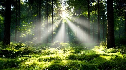 Fototapeta premium Rays of golden morning light shining through the trees in a tranquil forest casting long shadows and beautifully illuminating the forest floor with a warm ethereal glow