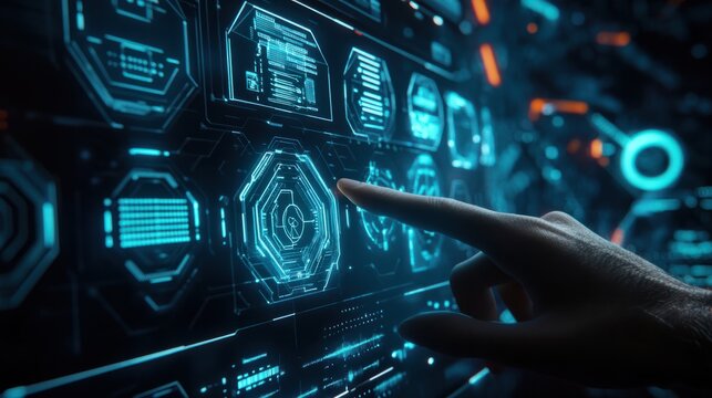 Digital technology, internet network connection concept. Finger touching on virtual screen with futuristic technology background, data exchange, digital transformation