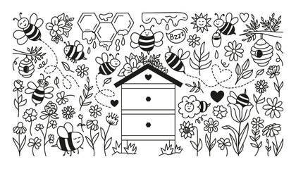 Hand drawn flight bee doodle set with hive, honeycombs, liquid melt honey and flowers field.