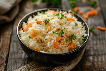 A bowl of cooked rice with chopped carrots and parsley on a rustic wooden surface.