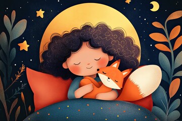 Cozy bedtime scene with a girl and her fox companion