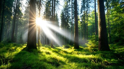 A tranquil forest scene bathed in the soft warm glow of morning light with beams of sunlight shining through the lush foliage and creating a serene peaceful atmosphere