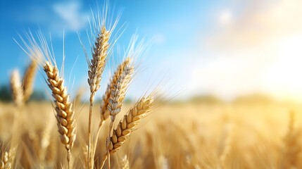 Fototapeta premium Vast wheat field bathed in the warm golden glow of the setting sun the plants swaying gently in the evening breeze creating a serene and picturesque rural landscape