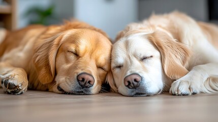 Two adorable dogs cuddled up together on the floor their bodies relaxed as they share a quiet and heartwarming moment of companionship and affection