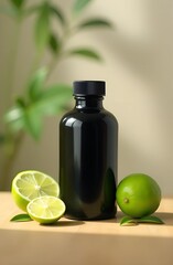 Black glass bottle with fresh limes and green leaves on wooden surface