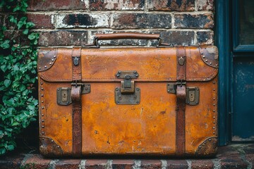 Vintage Leather Suitcase Against Brick Wall