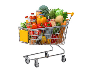Vividly captured supermarket shopping cart full of groceries on a clear background.