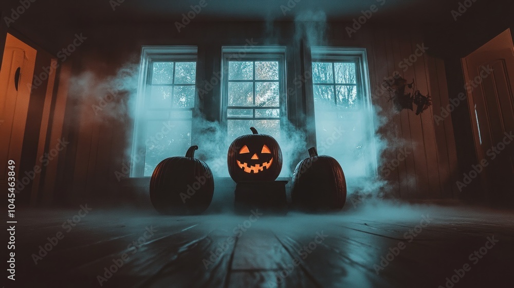 Poster three jack-o'-lanterns sit on a wooden floor in a darkened room with fog and windows in the backgrou
