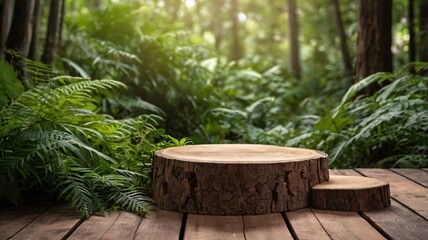A empty wooden stump podium, adorned with lush greenery for a natural background
