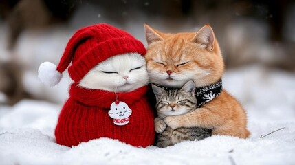Cute Cats in Winter Wonderland with Red Knit Hat and Scarf