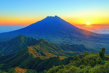 Majestic Mountain Peak at Sunrise with Vibrant Sky and Lush Green Slopes