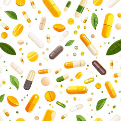 Vibrant vitamin supplements in various forms, including capsules, tablets, and leaves, create lively and healthy pattern. This colorful arrangement emphasizes wellness and nutrition