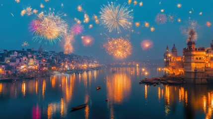 Naklejka premium Fireworks reflect on a South Asian coastal town, celebration concept with room for copy
