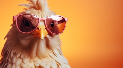 Chicken wearing sunglasses isolated on solid color background, copy space for text.