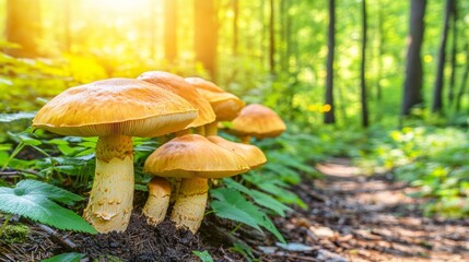 Fototapeta premium Golden Mushrooms on Forest Trail Sunlight Nature Woodland Walk