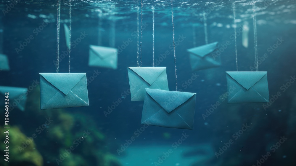 Aufkleber email envelopes suspended underwater by strings with a blurry aquatic background. concepts of email 